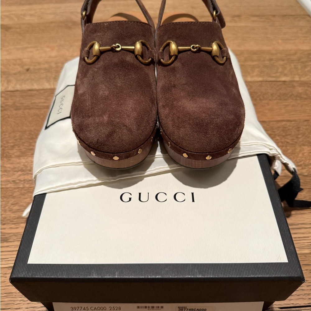 Gucci Chocolate Suede Clogs with Brass Details